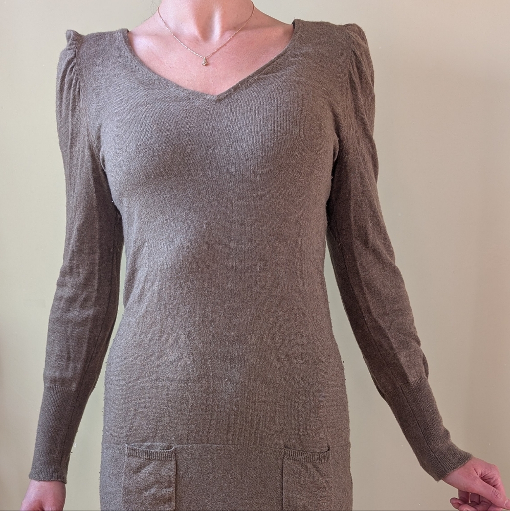 Sinéquanone Paris Light Brown Wool Blend Sweater Dress - Size M | V-Neck Mini - Picture 7 of 16